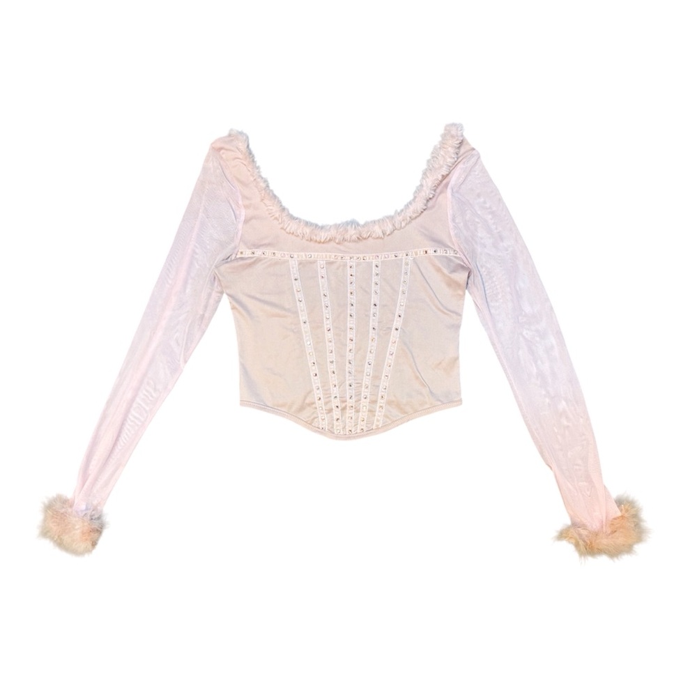 Elegant Light Pink Long Sleeve Scoop Neck Top Faux Fur Trim, Small - Picture 3 of 4